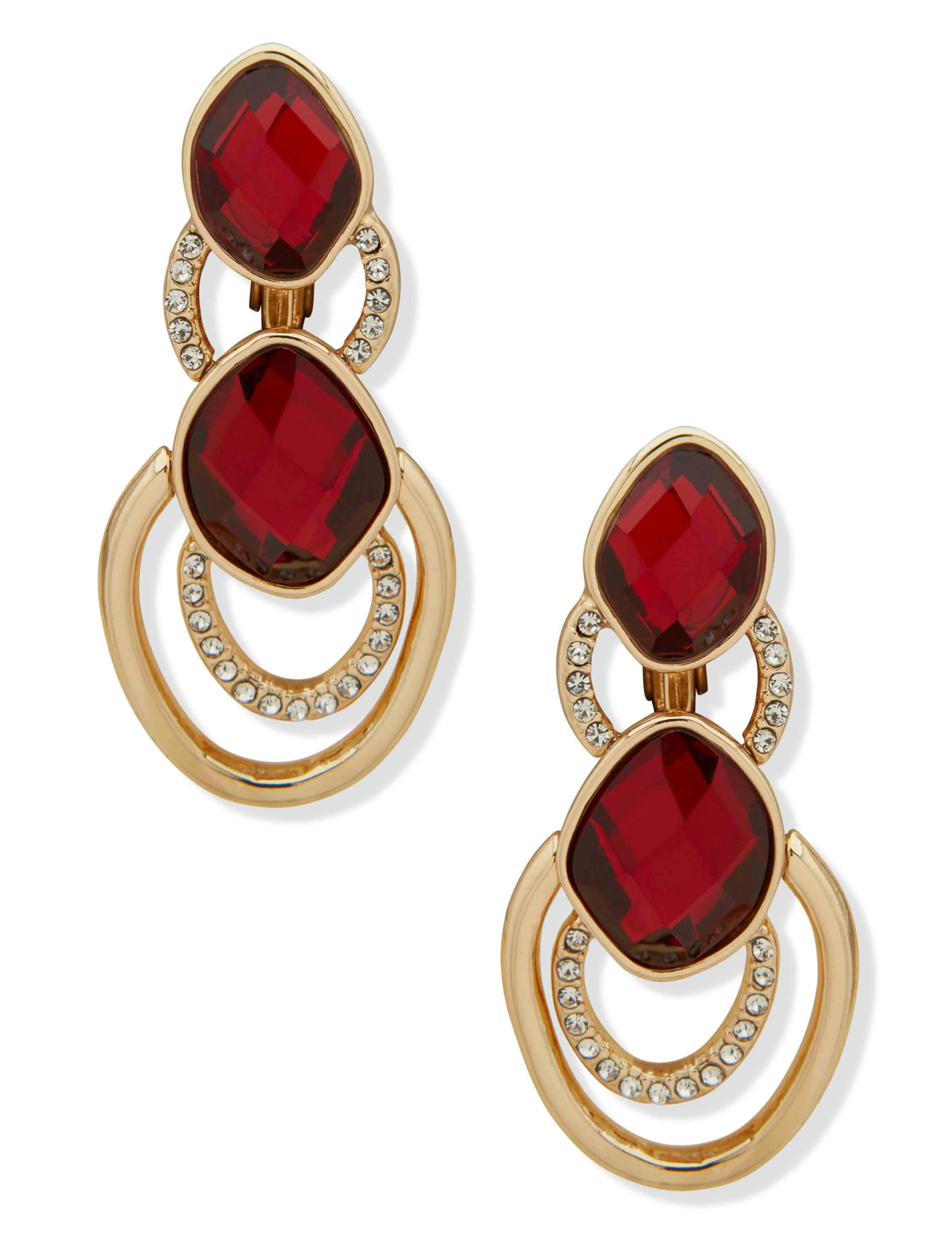 Double Drop Bezel Set Station Earring - Gold/Siam