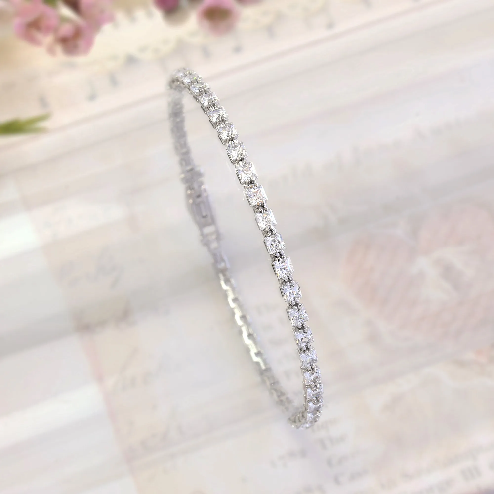 Fancy Square Princess Tennis Bracelet, Platinum Plated Sterling Silver