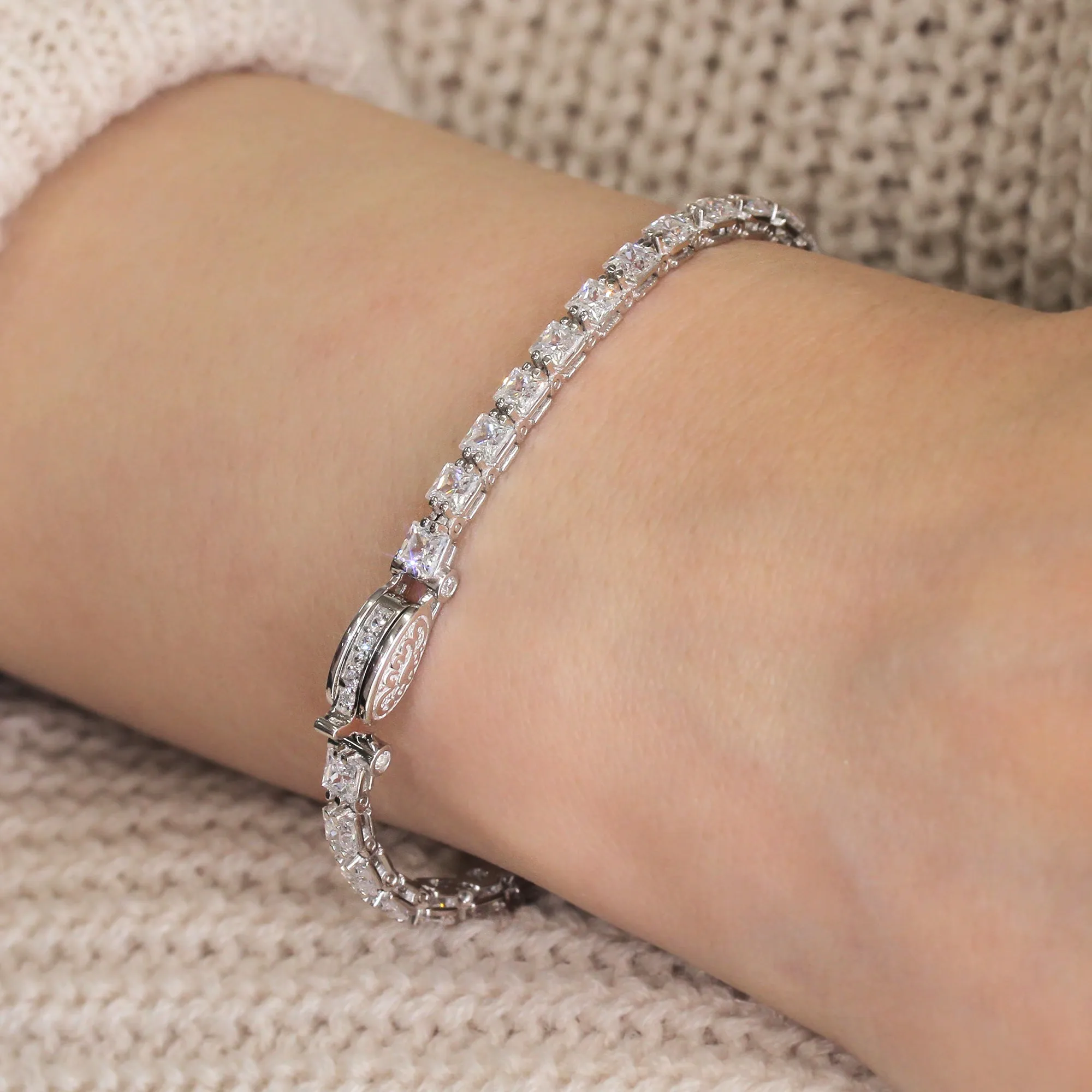 Fancy Square Princess Tennis Bracelet, Platinum Plated Sterling Silver