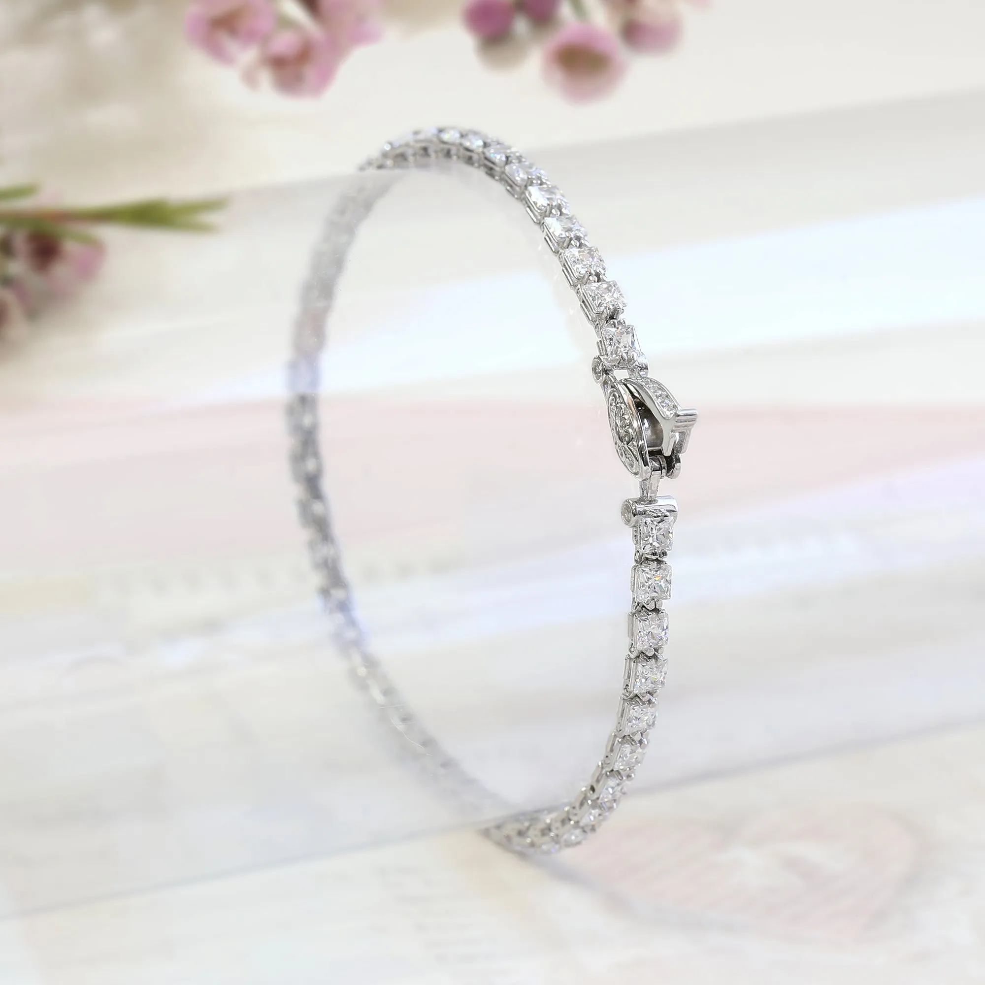 Fancy Square Princess Tennis Bracelet, Platinum Plated Sterling Silver