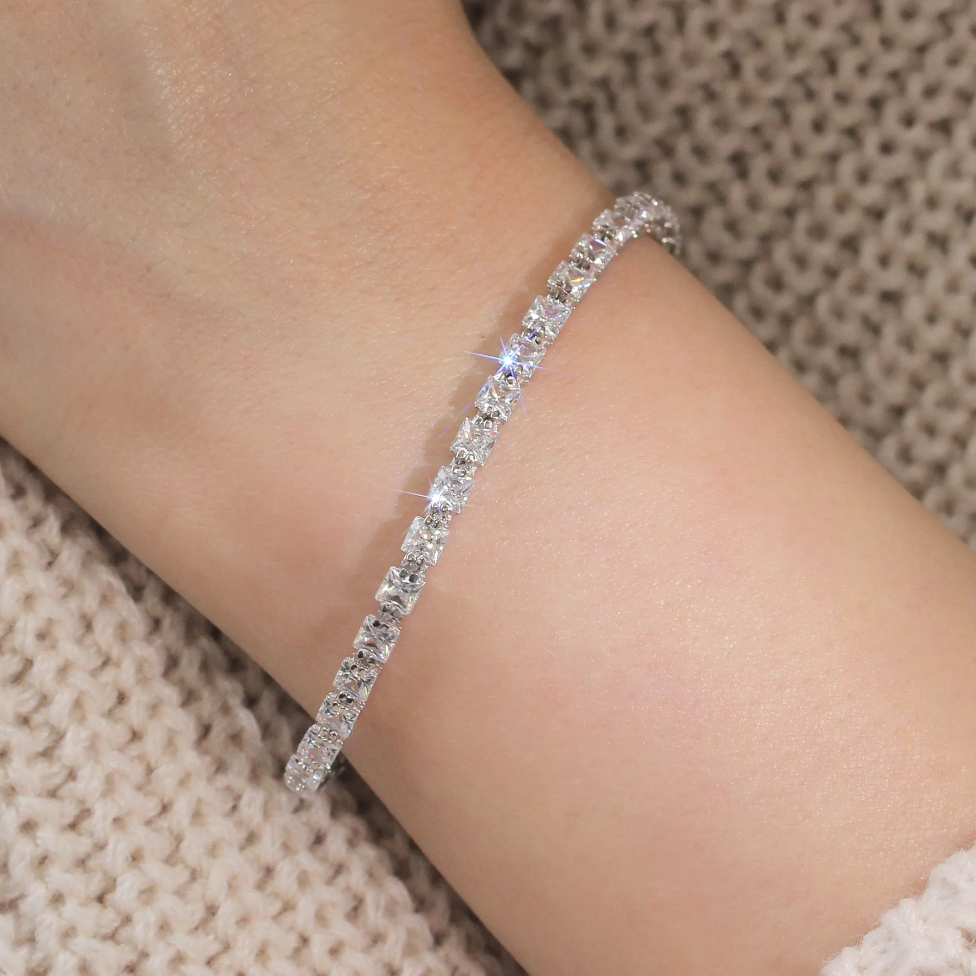 Fancy Square Princess Tennis Bracelet, Platinum Plated Sterling Silver