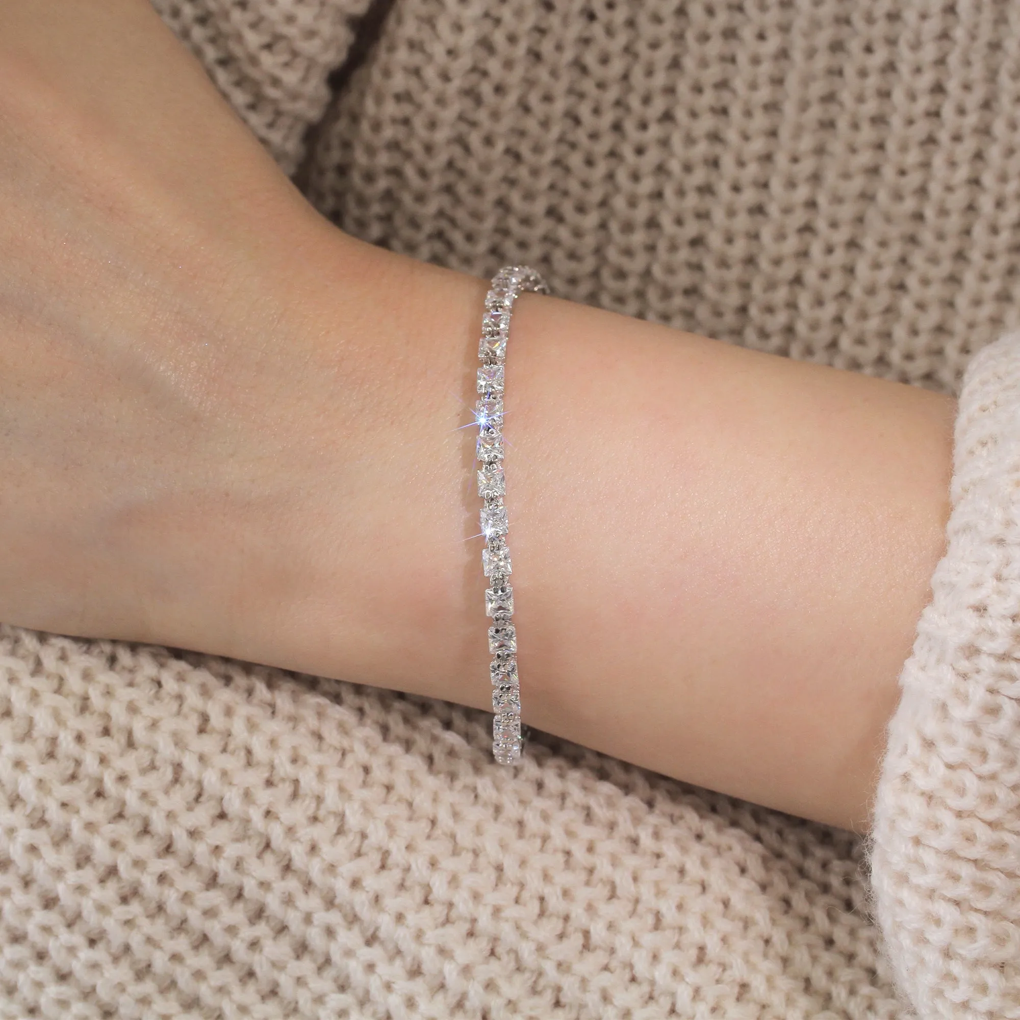 Fancy Square Princess Tennis Bracelet, Platinum Plated Sterling Silver