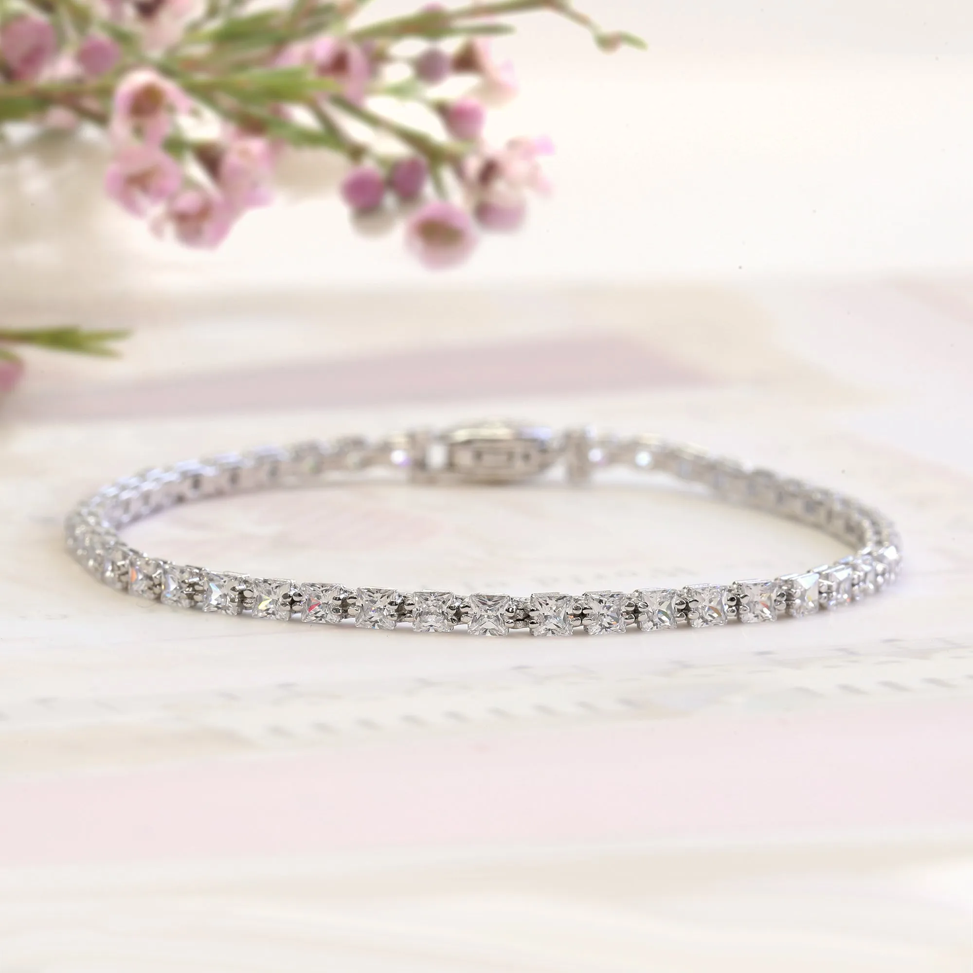 Fancy Square Princess Tennis Bracelet, Platinum Plated Sterling Silver