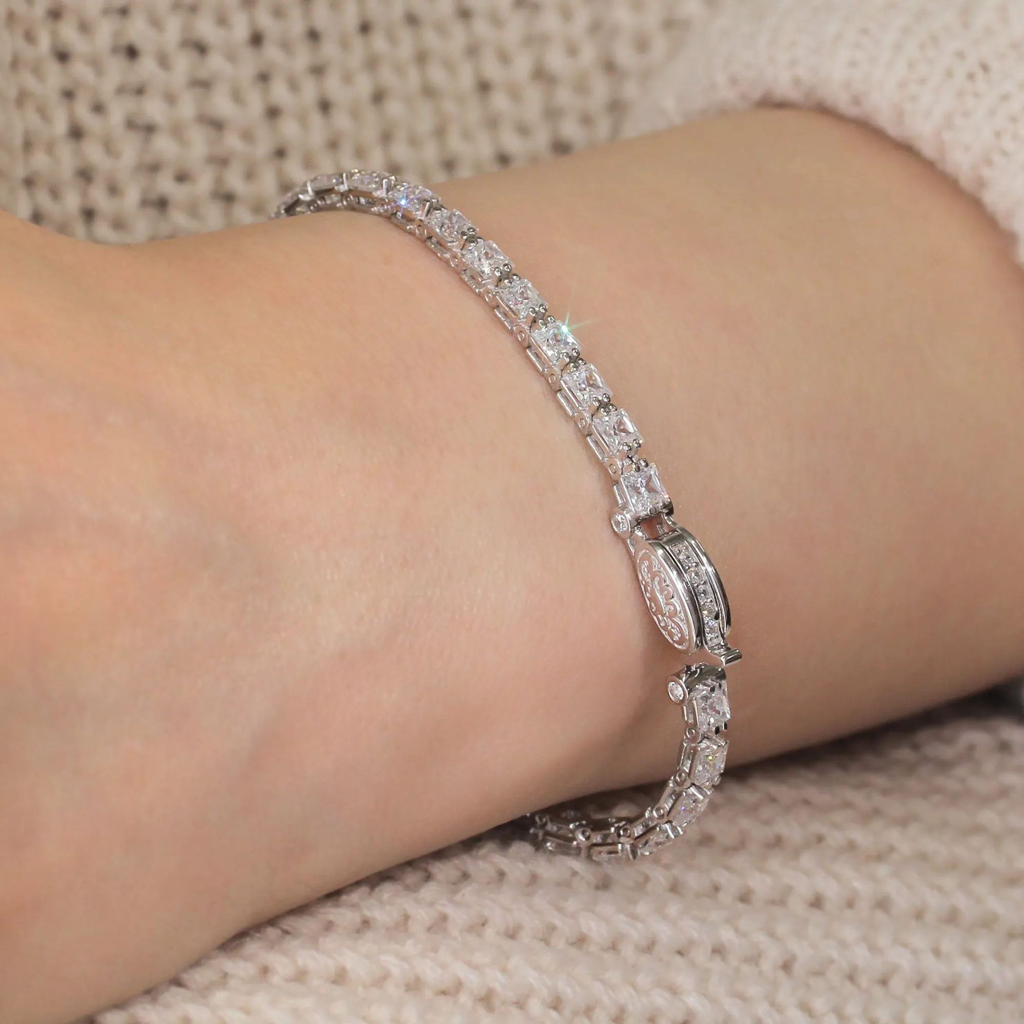 Fancy Square Princess Tennis Bracelet, Platinum Plated Sterling Silver