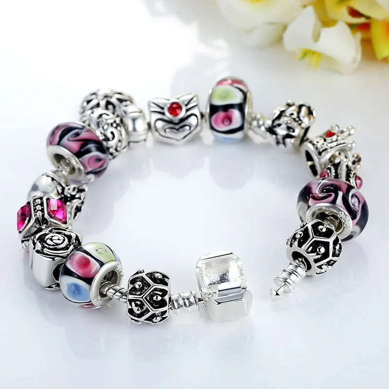 Fashion 925 Silver Crown Charm Bracelet with Heart Pendant & Murano Glass Beads Popular in Russia & Brazil