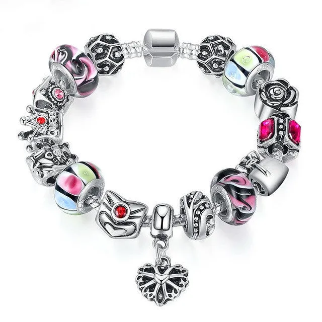 Fashion 925 Silver Crown Charm Bracelet with Heart Pendant & Murano Glass Beads Popular in Russia & Brazil