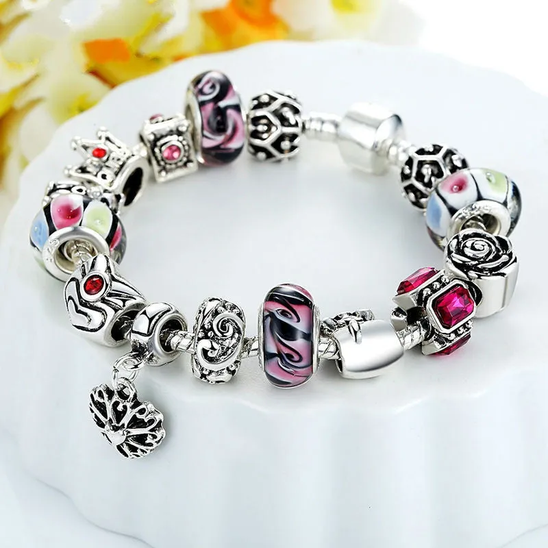 Fashion 925 Silver Crown Charm Bracelet with Heart Pendant & Murano Glass Beads Popular in Russia & Brazil