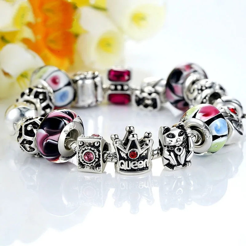 Fashion 925 Silver Crown Charm Bracelet with Heart Pendant & Murano Glass Beads Popular in Russia & Brazil