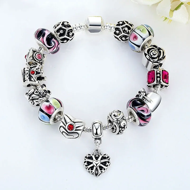 Fashion 925 Silver Crown Charm Bracelet with Heart Pendant & Murano Glass Beads Popular in Russia & Brazil