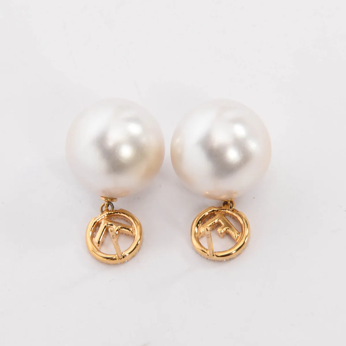 Fendi Gold Tone Crystal & Pearl F is Fendi Drop Earrings