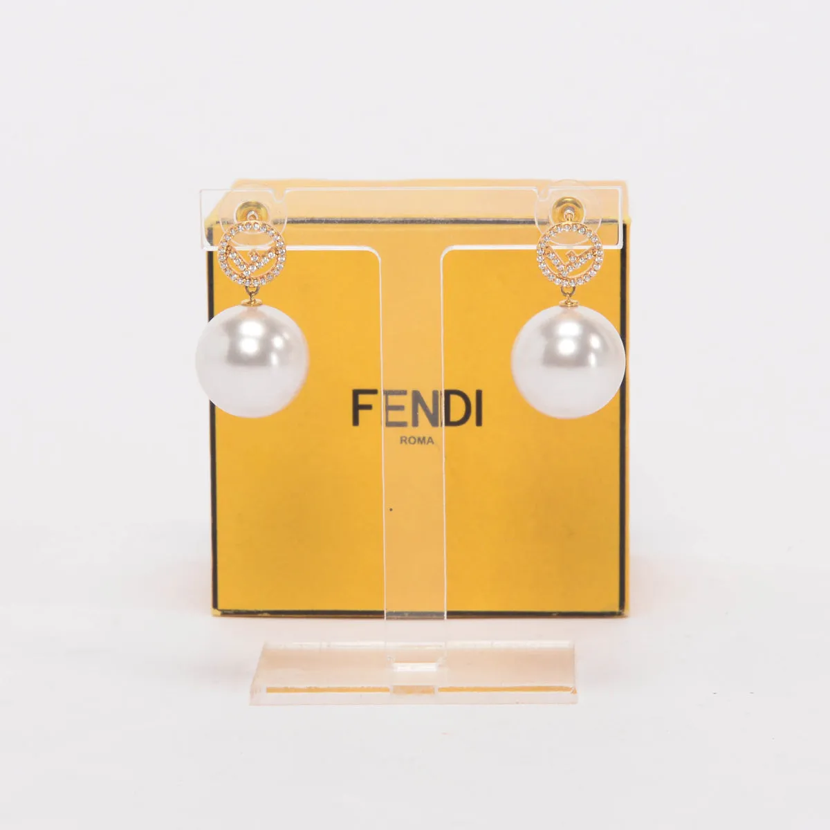 Fendi Gold Tone Crystal & Pearl F is Fendi Drop Earrings