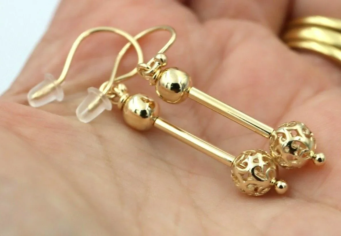 Genuine 9ct 9kt Yellow, Rose or White Gold Spinning 6mm Plain   8mm 45mm drop Filigree Ball Drop Earrings