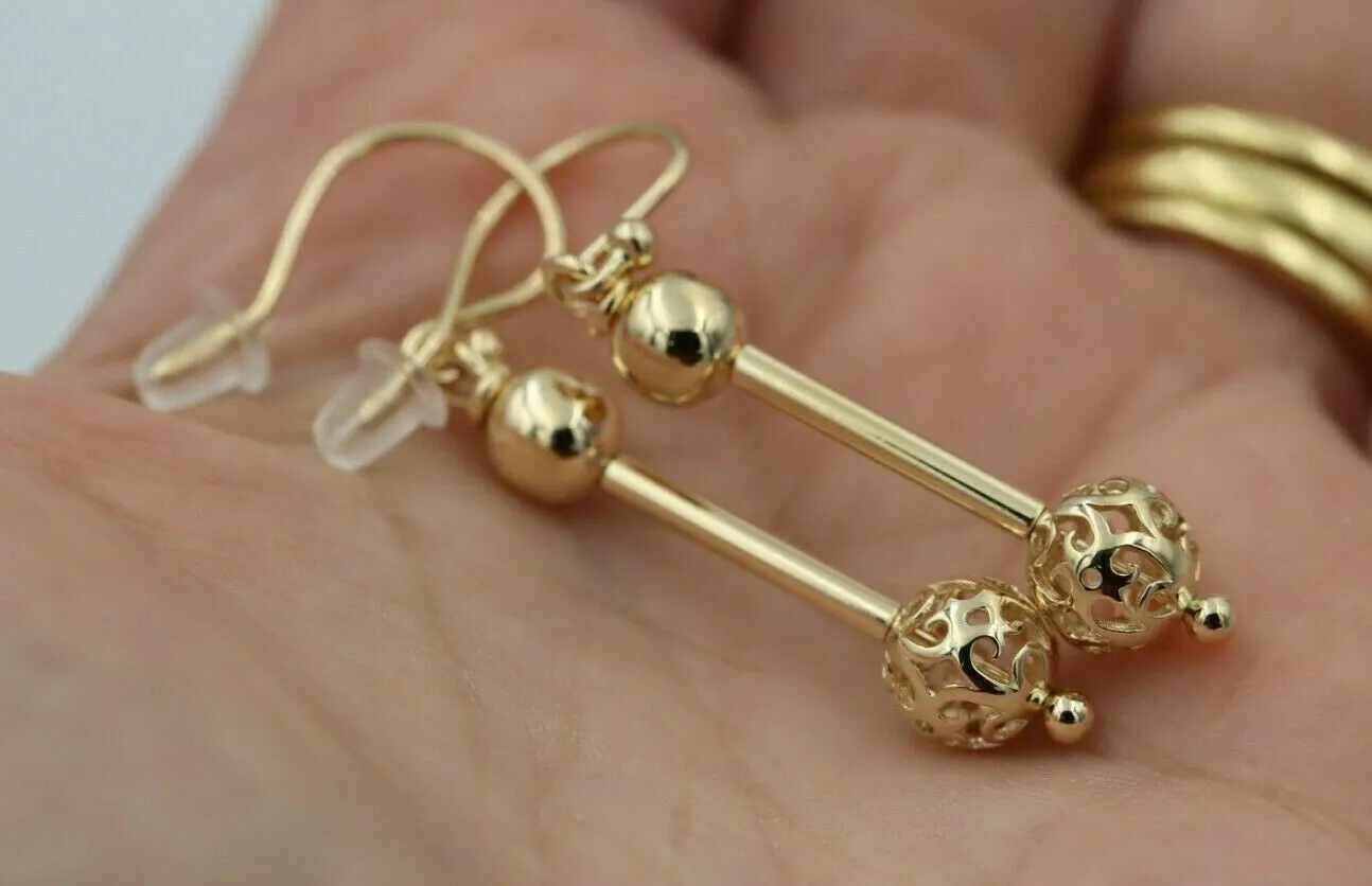 Genuine 9ct 9kt Yellow, Rose or White Gold Spinning 6mm Plain   8mm 45mm drop Filigree Ball Drop Earrings