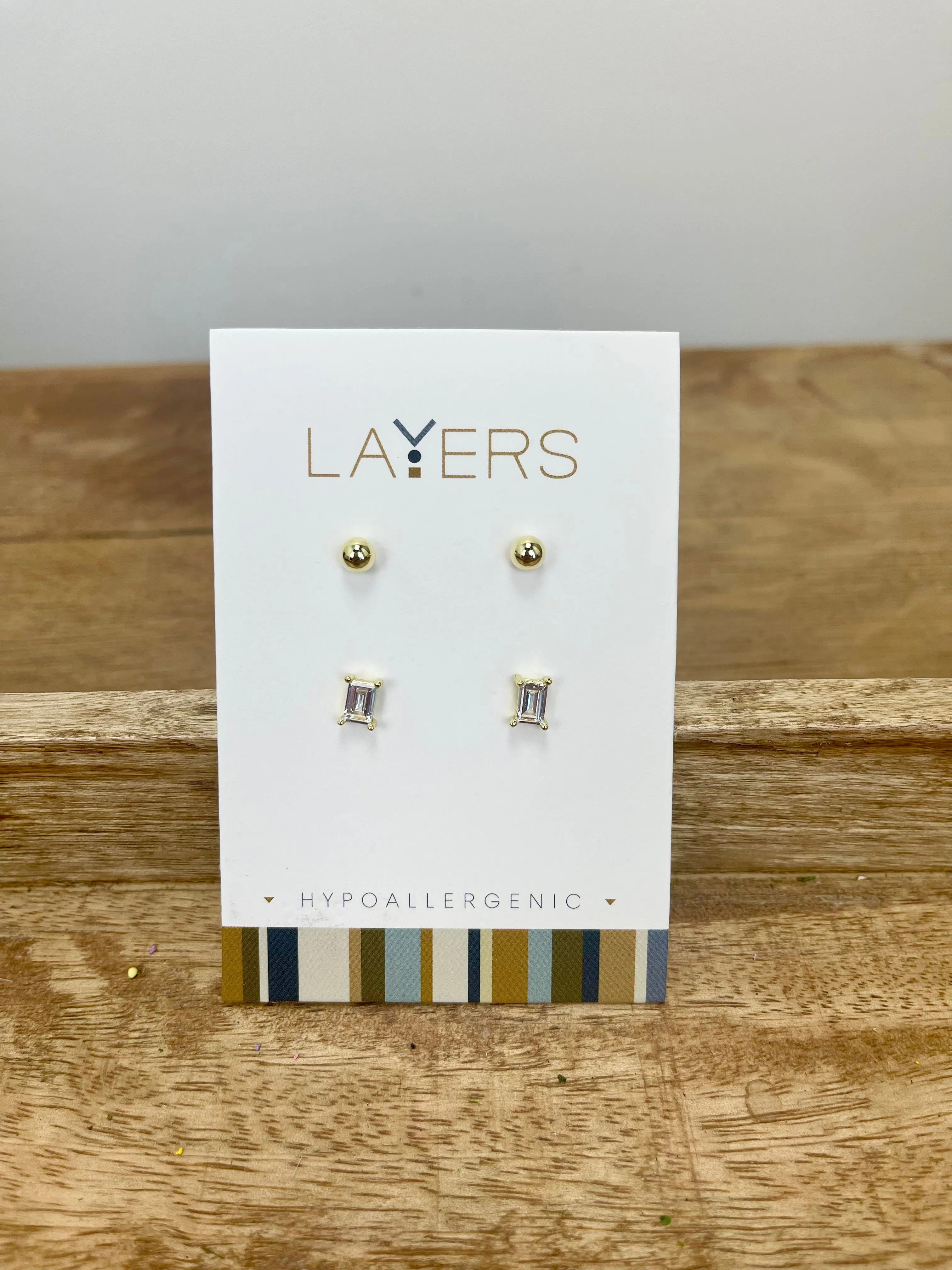 Gold Baguette & Ball Duo Layers Earrings