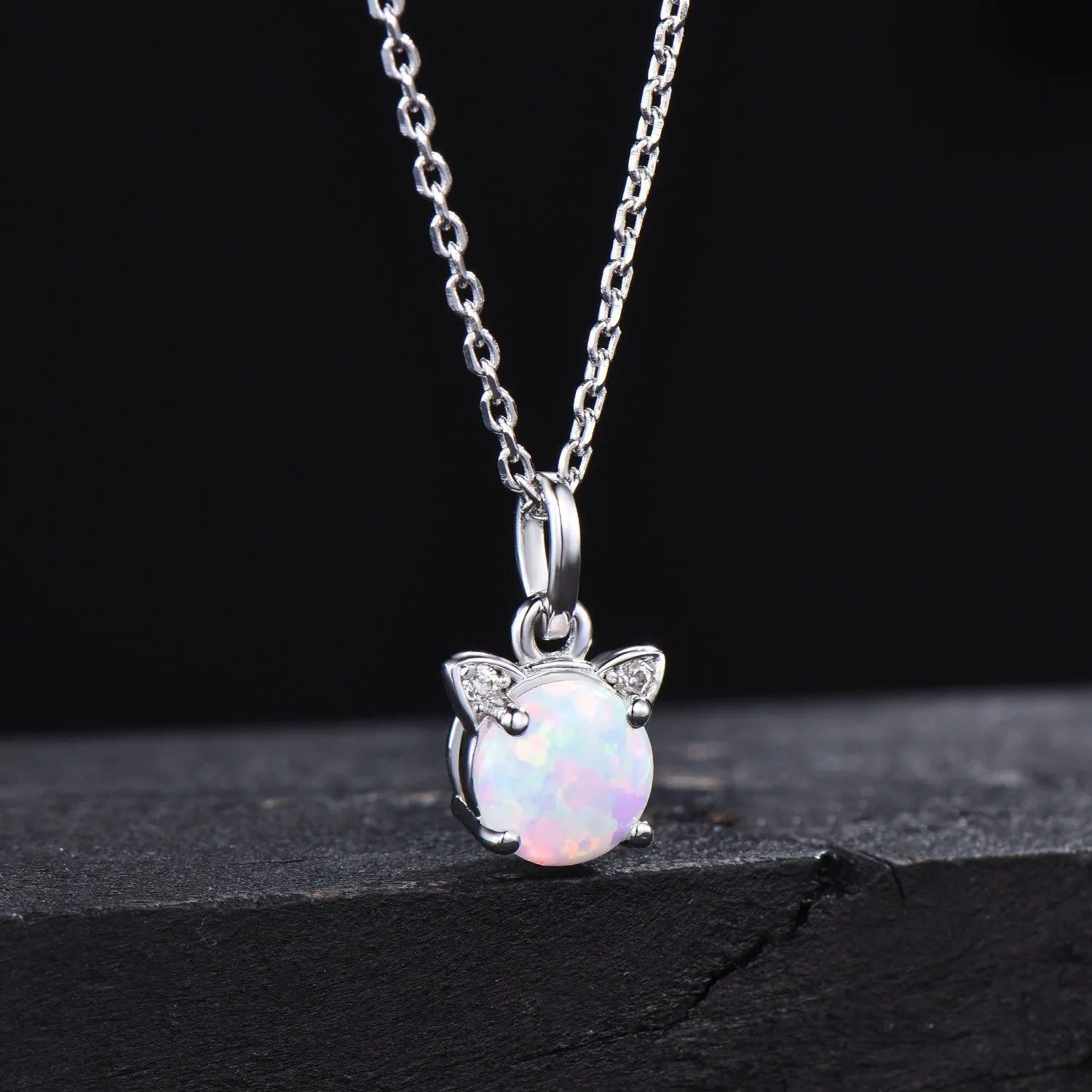 Gold Cat Wedding Necklace 1ct Round White Opal Necklace Unique Kitten Fire Opal Pendant Rose Gold October Birthstone Jewelry for Cat Lover