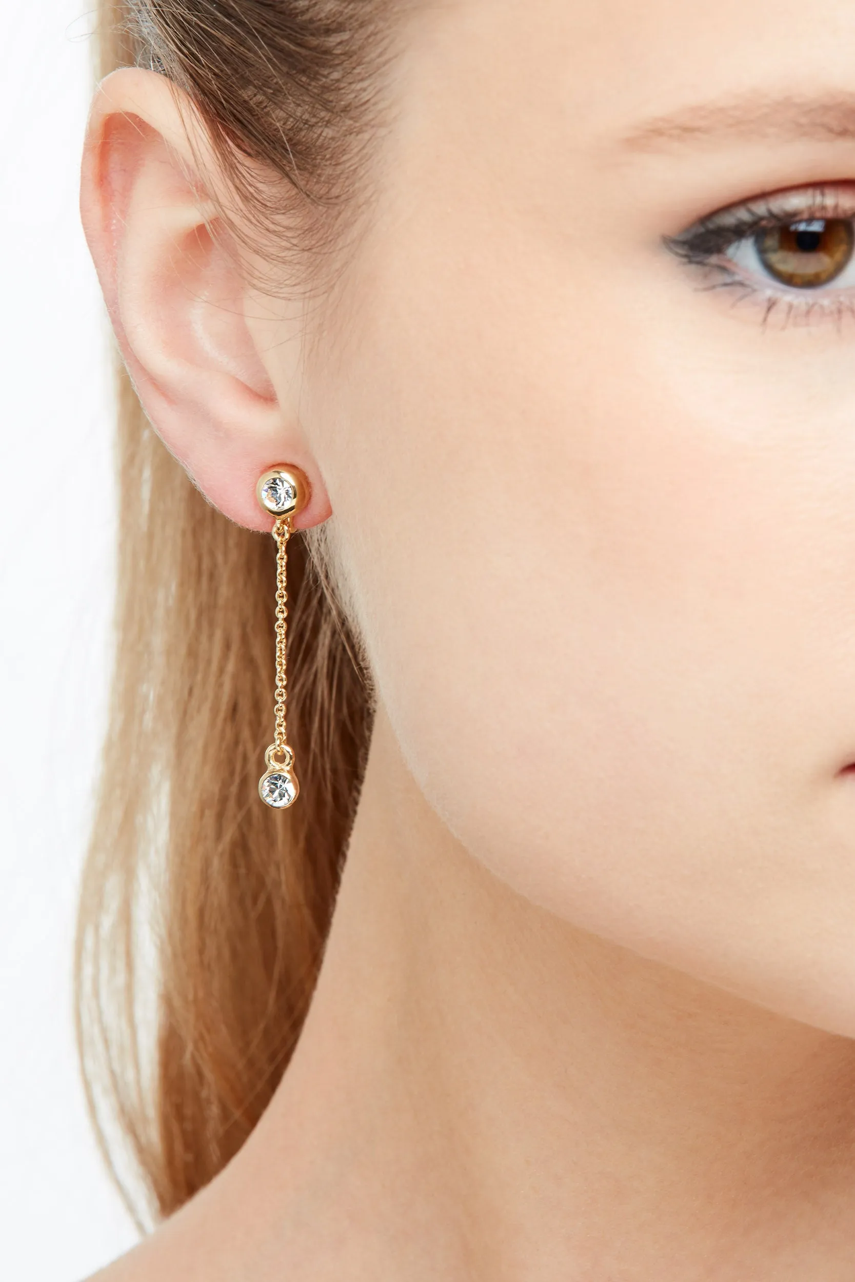 Gold Crystal Chain Drop Clip Earrings