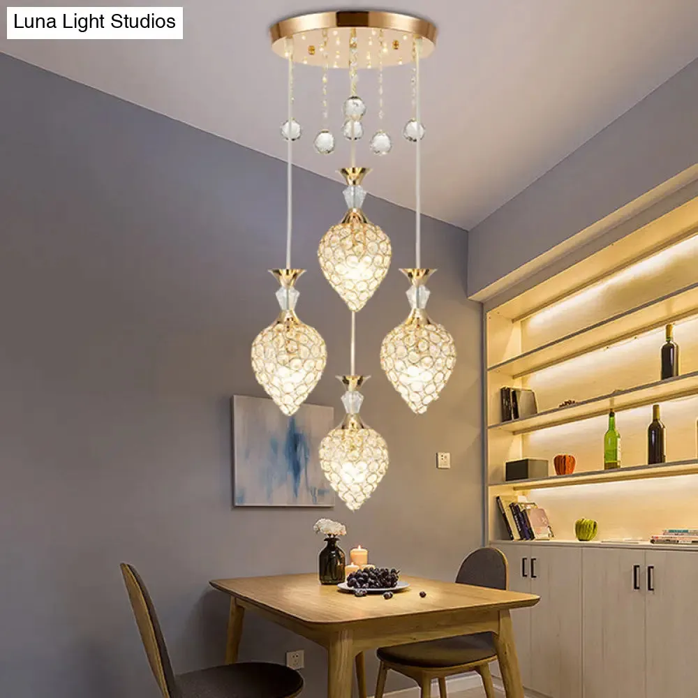 Gold Finish Teardrop Pendant with Crystal Cluster & Modernist Design - 3 Bulb Hanging Ceiling Light