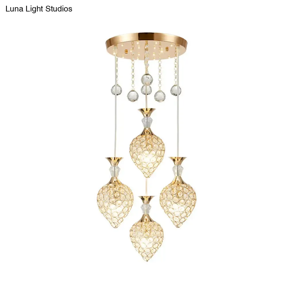 Gold Finish Teardrop Pendant with Crystal Cluster & Modernist Design - 3 Bulb Hanging Ceiling Light