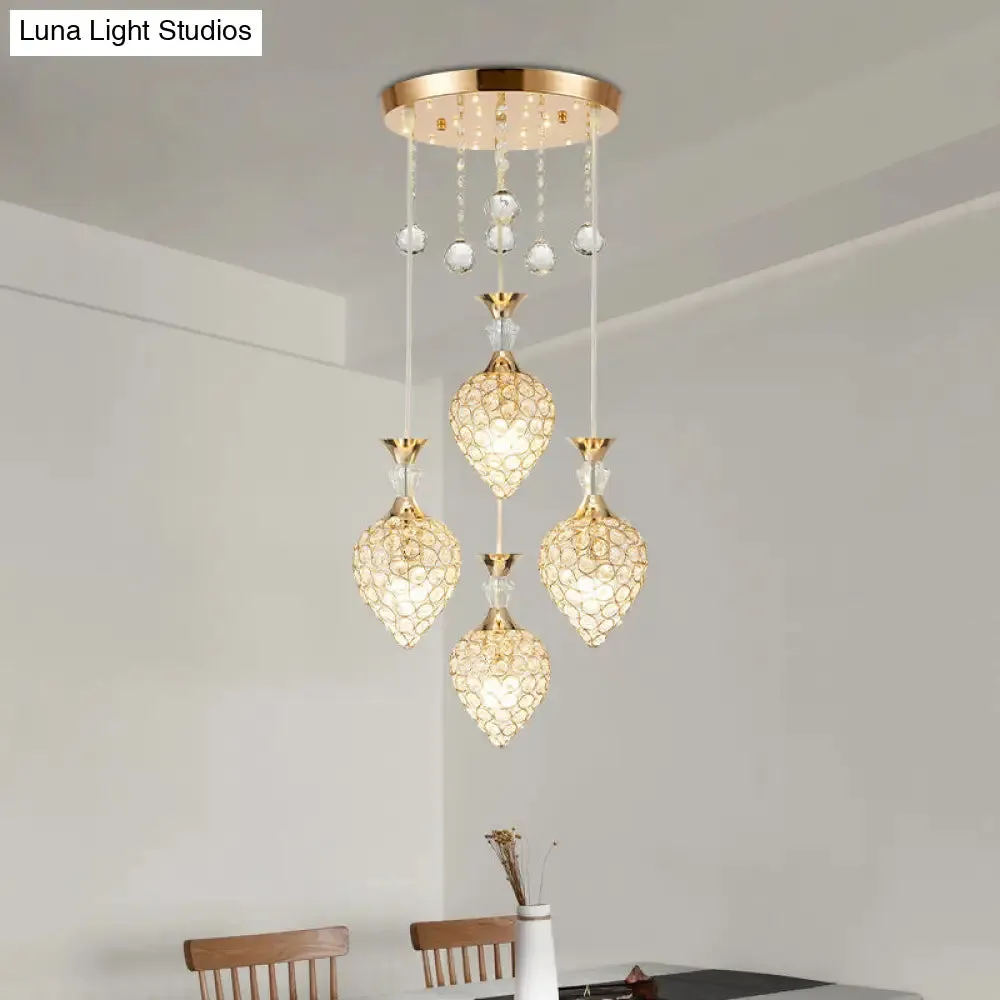 Gold Finish Teardrop Pendant with Crystal Cluster & Modernist Design - 3 Bulb Hanging Ceiling Light