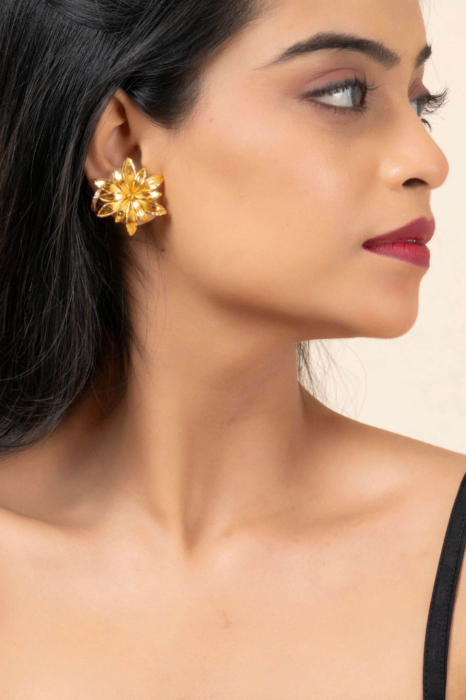 Gold Plated Floral Design Stud Earrings - Copper, Non-Allergic, Perfect for All Occasions