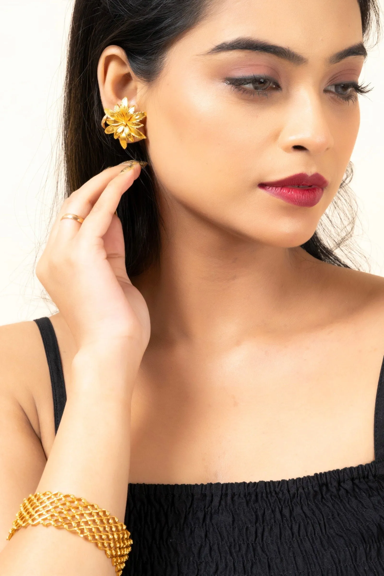 Gold Plated Floral Design Stud Earrings - Copper, Non-Allergic, Perfect for All Occasions