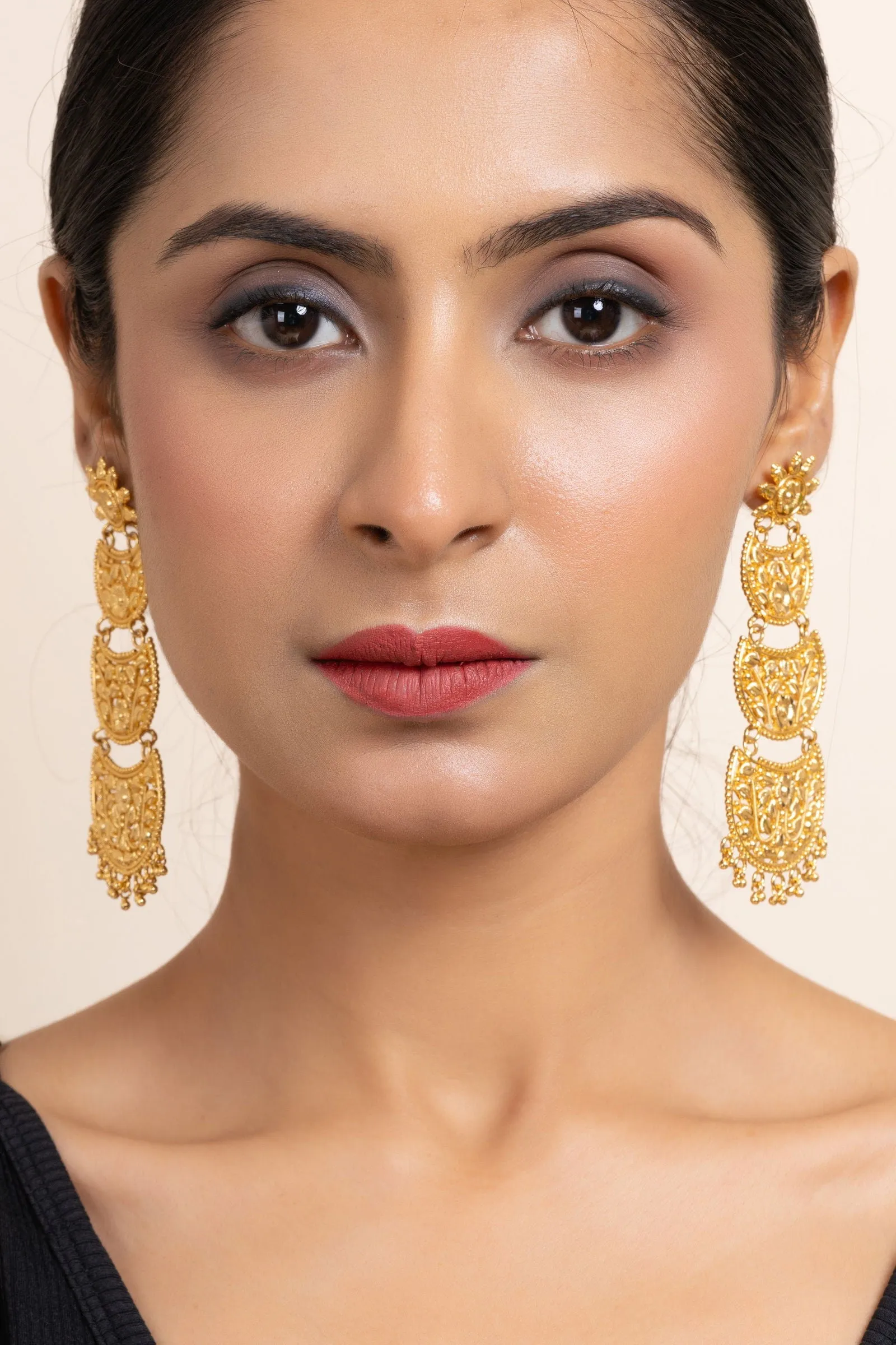 Gold Plated Three Layer Chandbali Earrings with Floral Design - Copper Based Jewelry