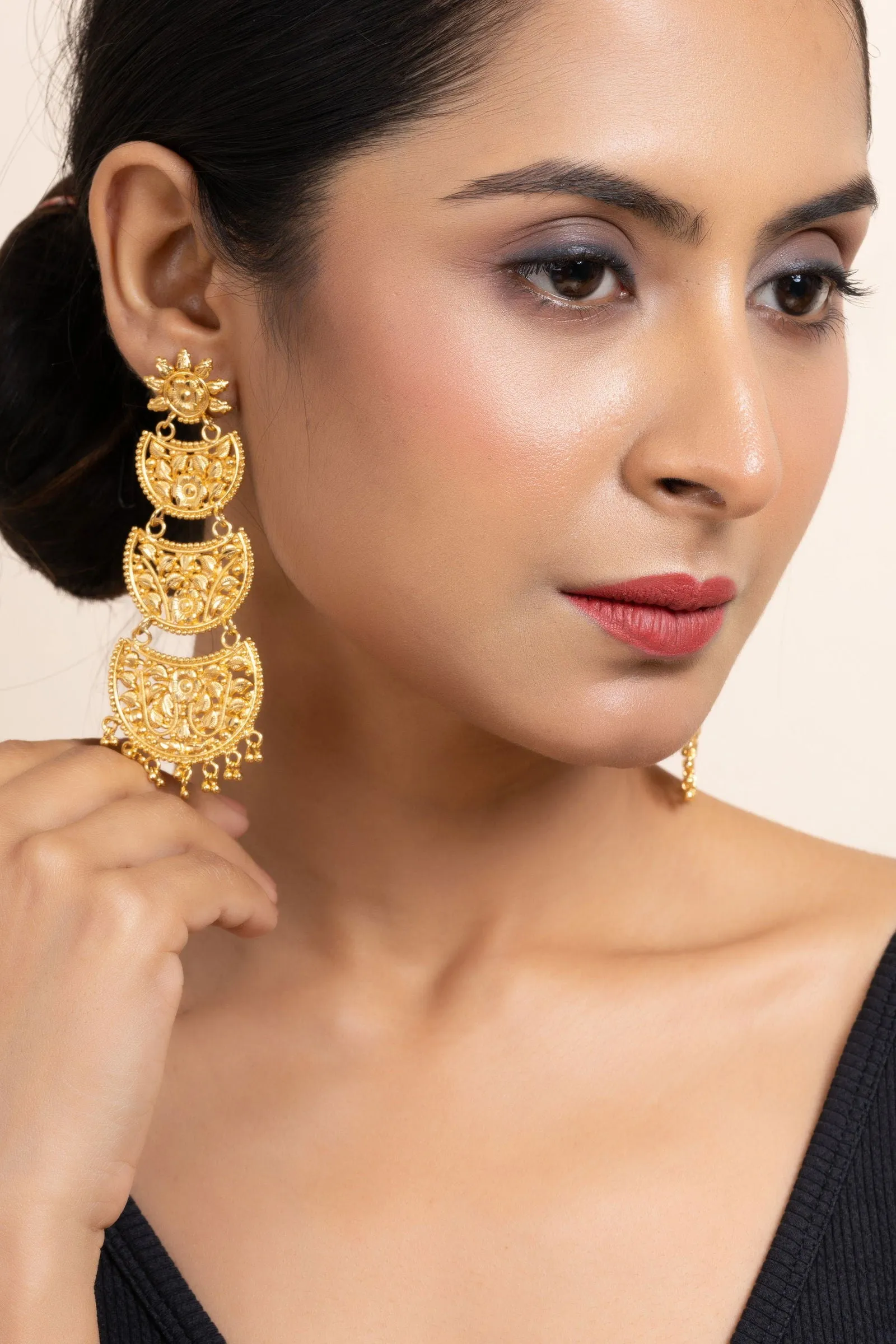 Gold Plated Three Layer Chandbali Earrings with Floral Design - Copper Based Jewelry