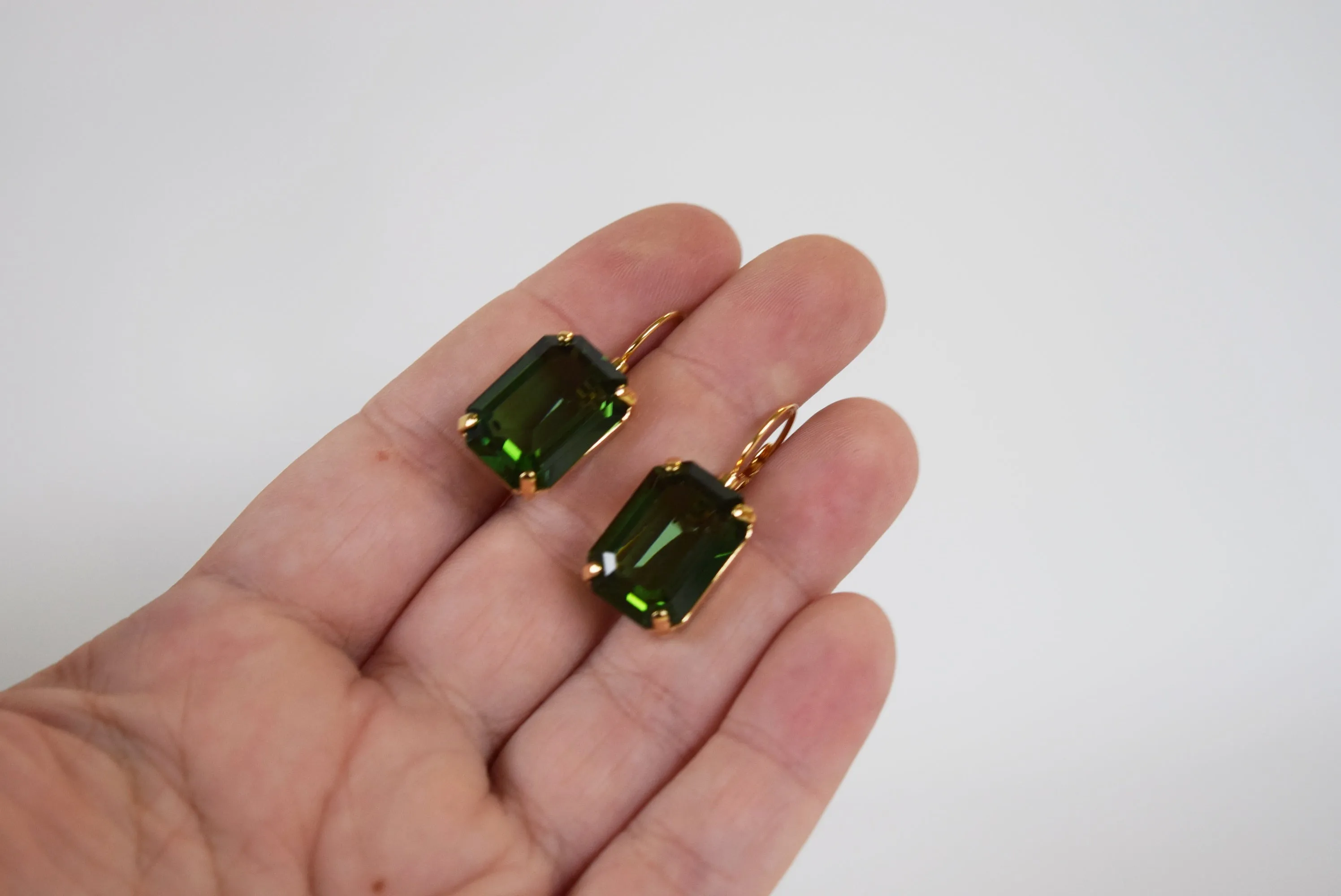 Green Tourmaline Swarovski Crystal Earrings - Large Octagon