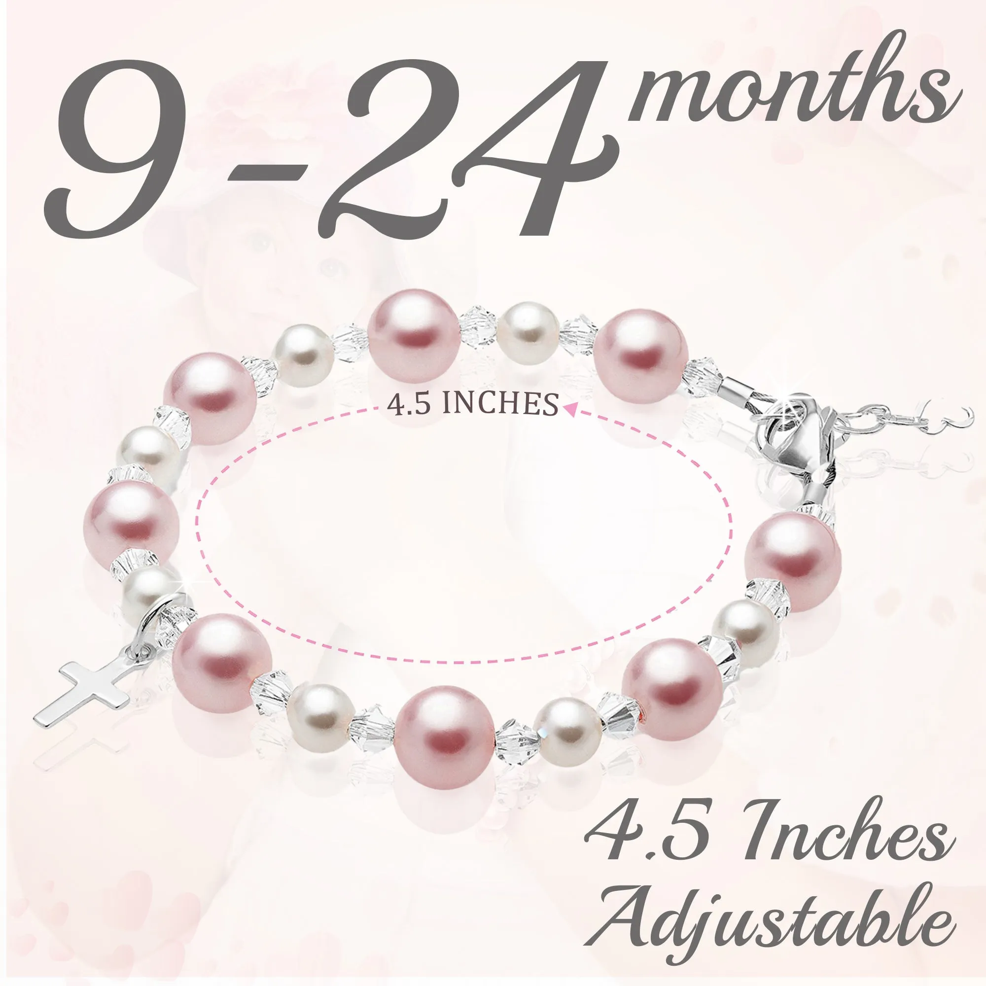 Infant Baby Girl Baptism Bracelet Sterling Silver Cross Pink & White Pearl Clear Crystals