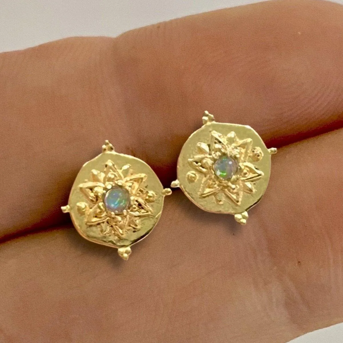 Intricate Vera May Gold Opal Stud Earrings