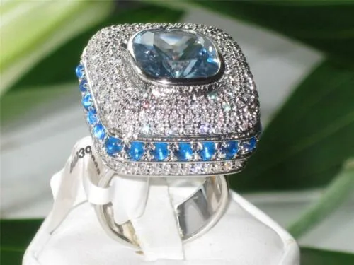 Jewellery Kingdom Cocktail Spinel Pave Cubic Zirconia Silver Rhodium Ladies Blue Topaz Ring