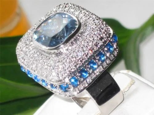 Jewellery Kingdom Cocktail Spinel Pave Cubic Zirconia Silver Rhodium Ladies Blue Topaz Ring