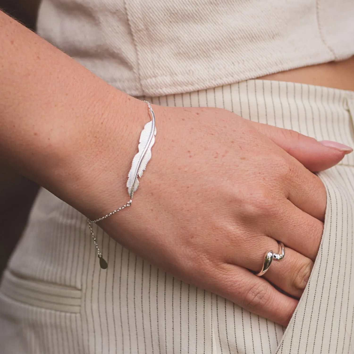 Large Sterling Silver Feather Slider Bracelet