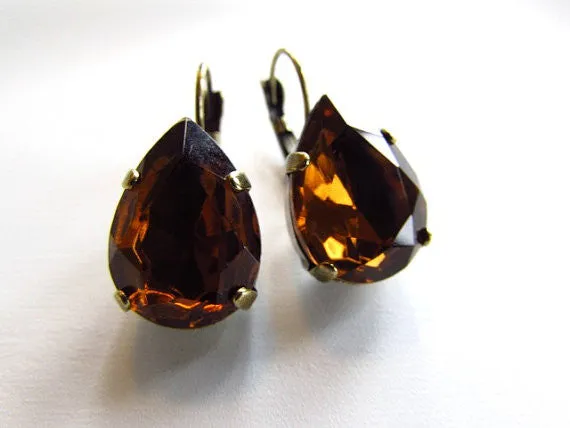 Large Teardrop Brown Topaz Crystal Earrings