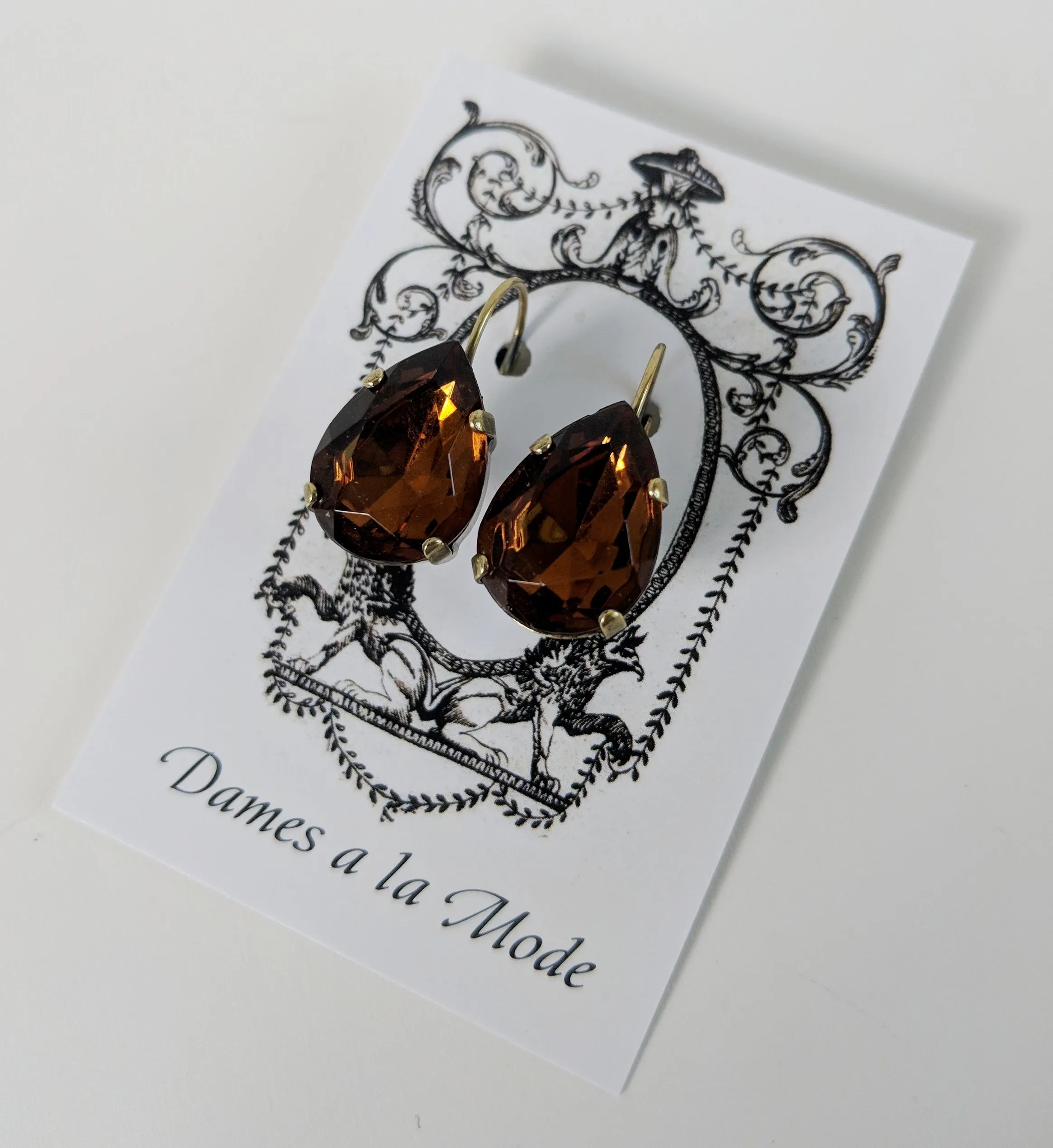 Large Teardrop Brown Topaz Crystal Earrings