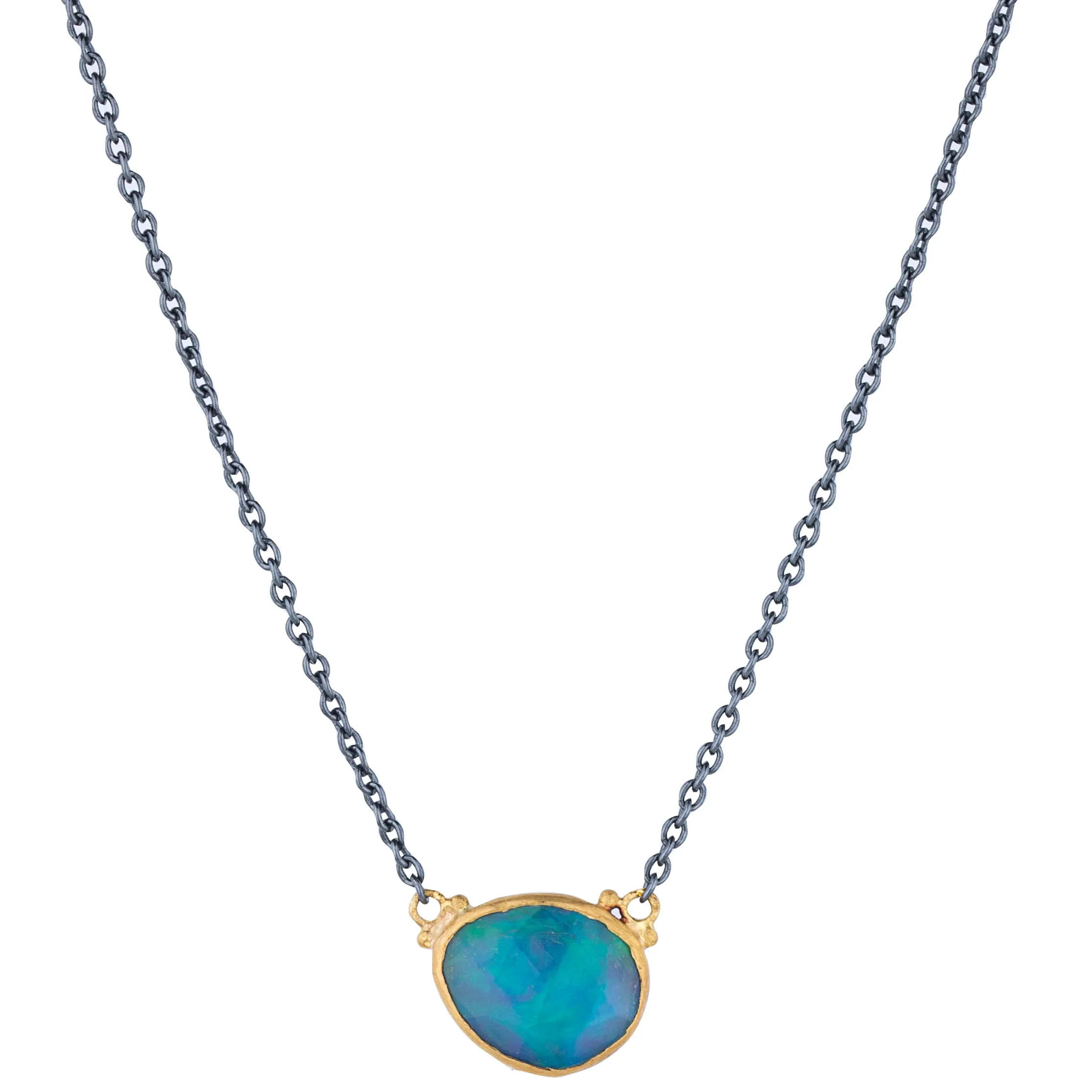 Lika Behar "Katya" Rose Cut White Opal Pendant Necklace 24K Gold & Oxidized Silver