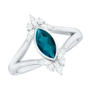 London Blue Topaz Split Shank Engagement Ring With Diamond