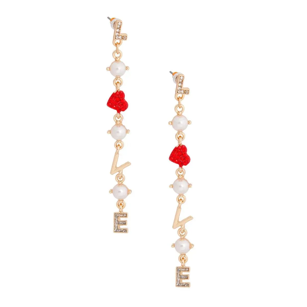 Love Faux Pearl Heart Dangle Earrings Gold Plated