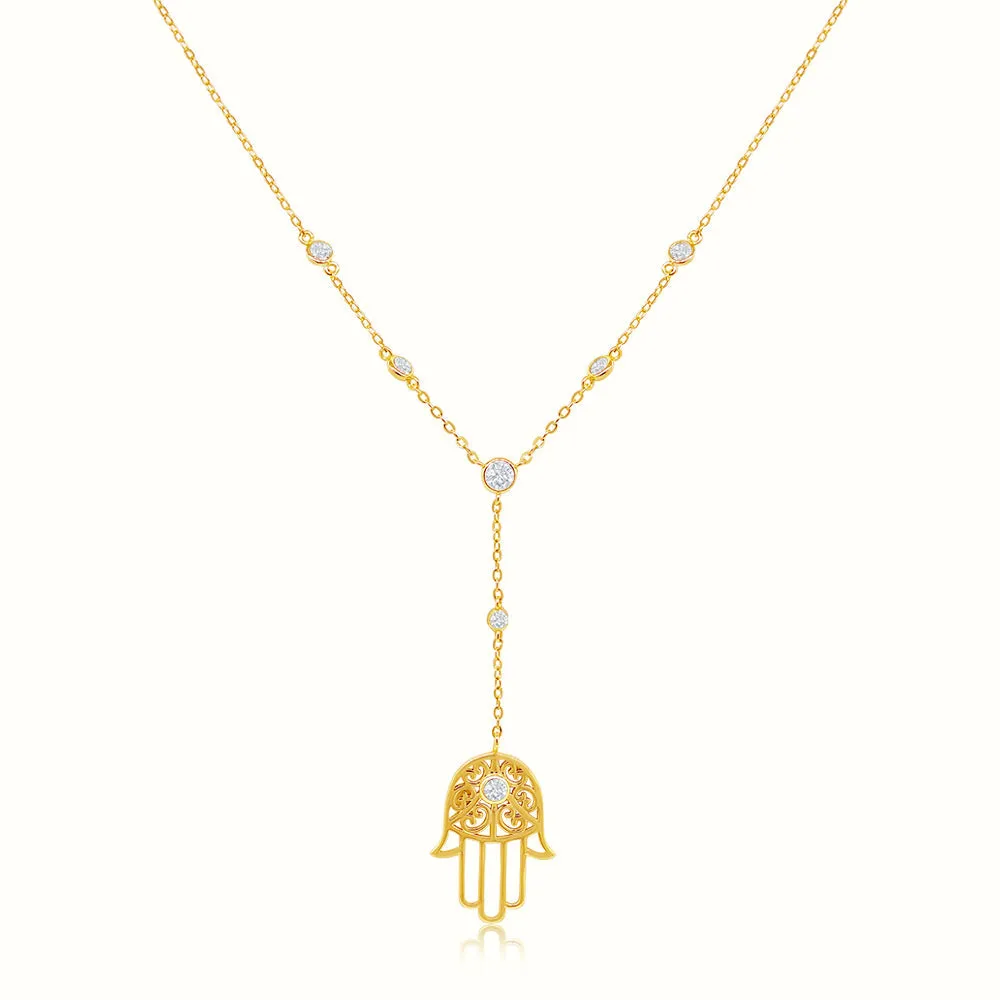 Lovergirl Bezel Diamond Tribal Hamsa Hand Necklace Pendant Women's Vermeil