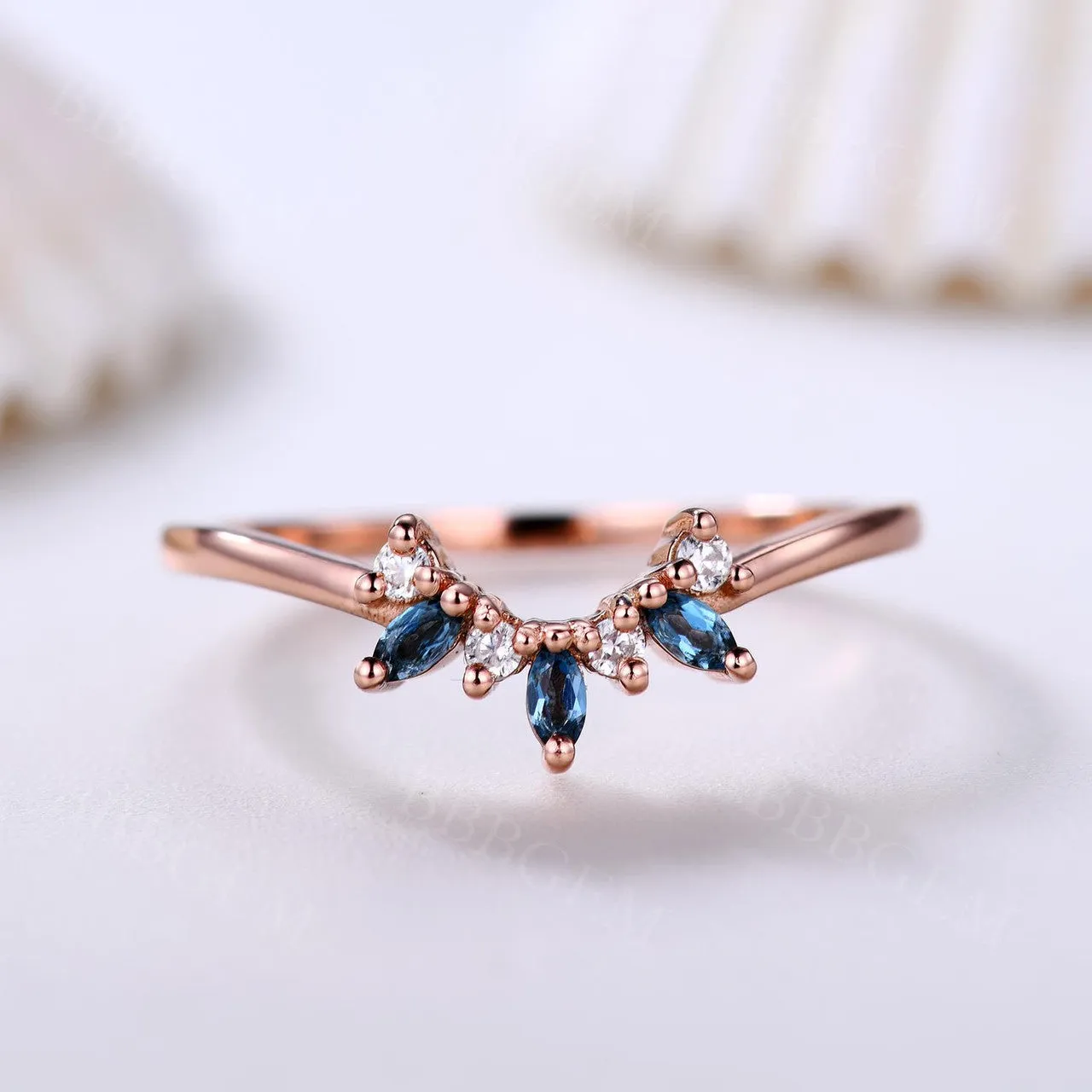 Marquise Shaped London Blue Topaz Curved Wedding Matching Band Rose Gold