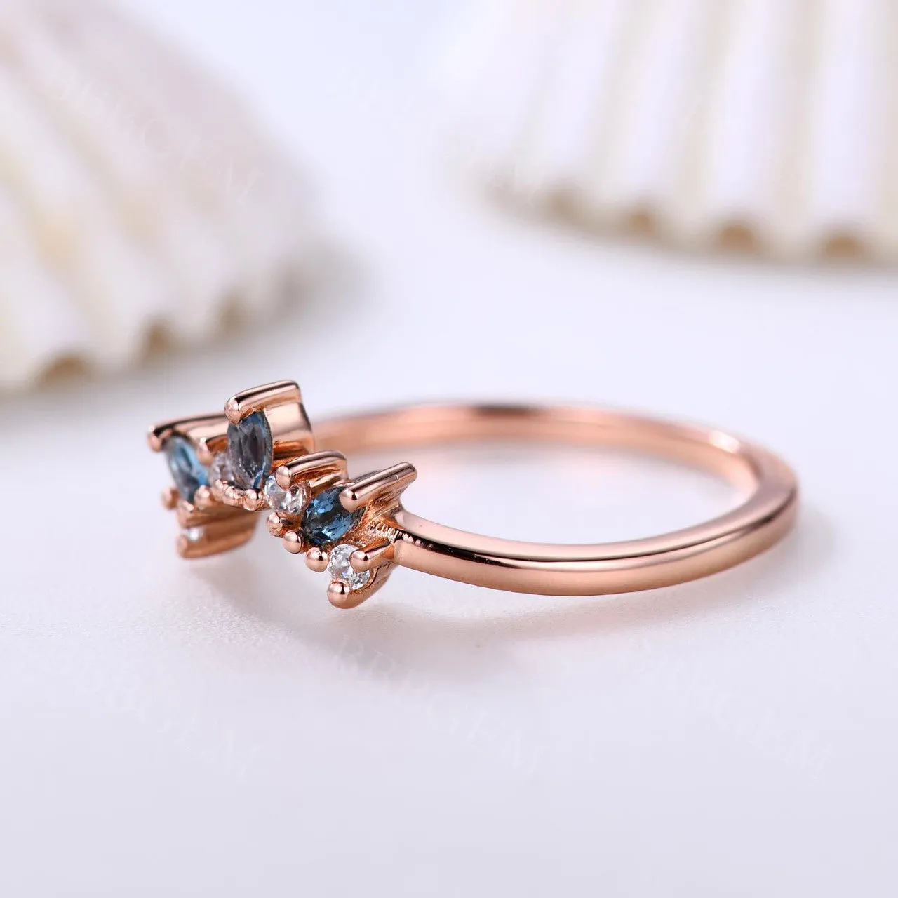 Marquise Shaped London Blue Topaz Curved Wedding Matching Band Rose Gold