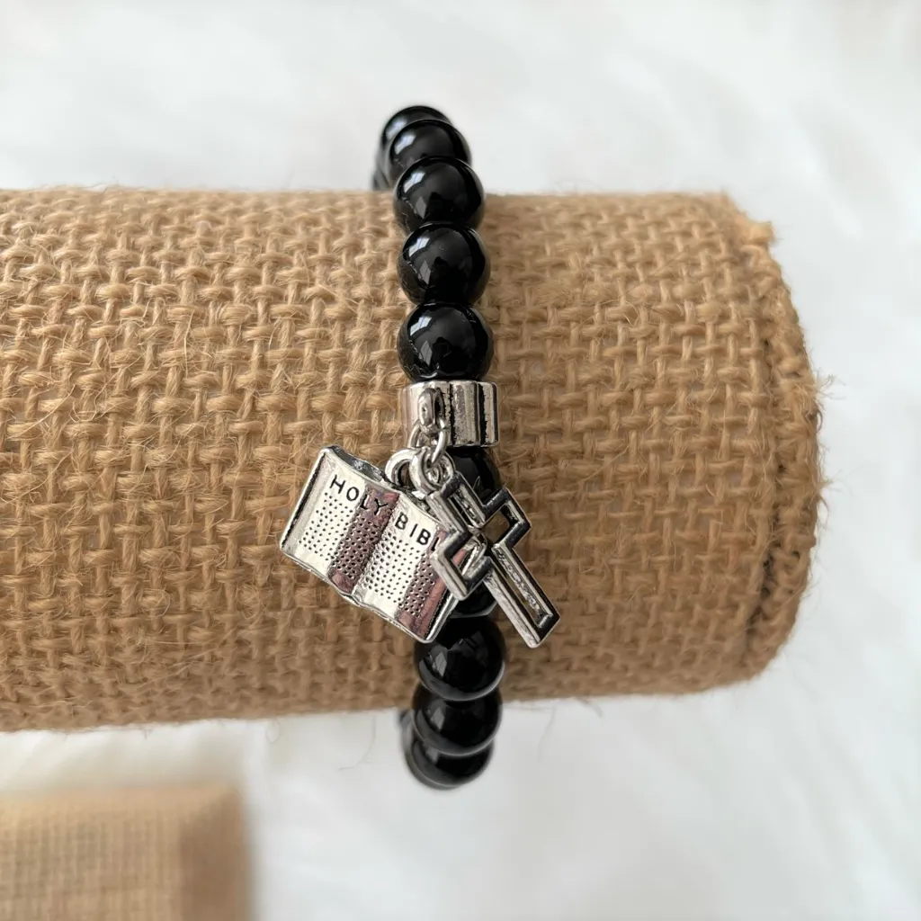 Mens Black Onyx and Silver Cross and Bible Charm Beaded Bracelet