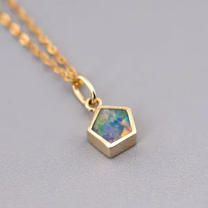 Minimalist Geometric Pentagon Doublet Opal Pendant Necklace 14k Yellow Gold