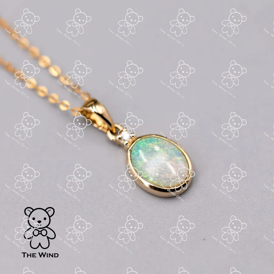 Minimalist Oval Australian Solid Opal & Diamond Pendant Necklace 18k Yellow Gold