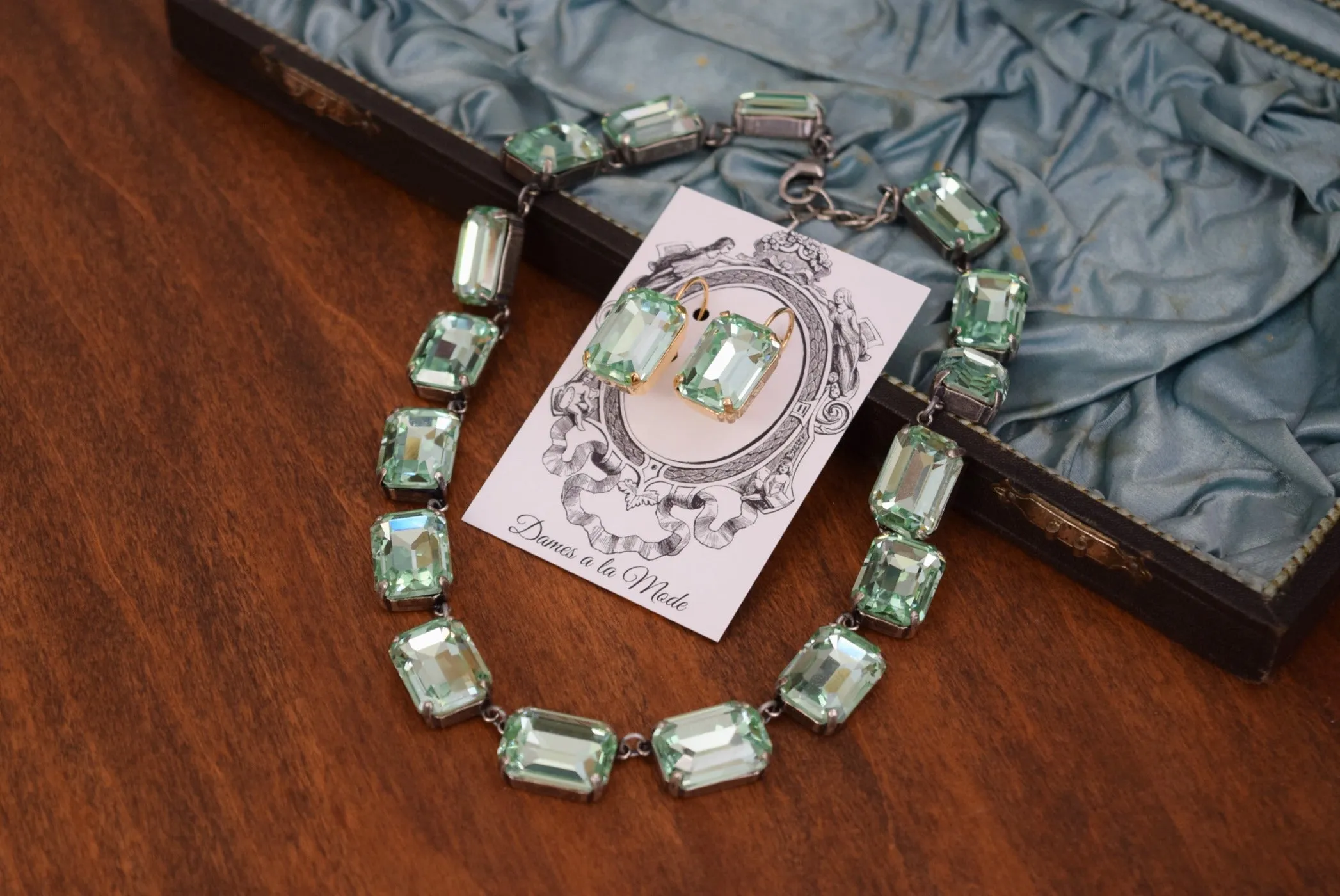 Mint Green Aurora Crystal Earrings - Large Octagon