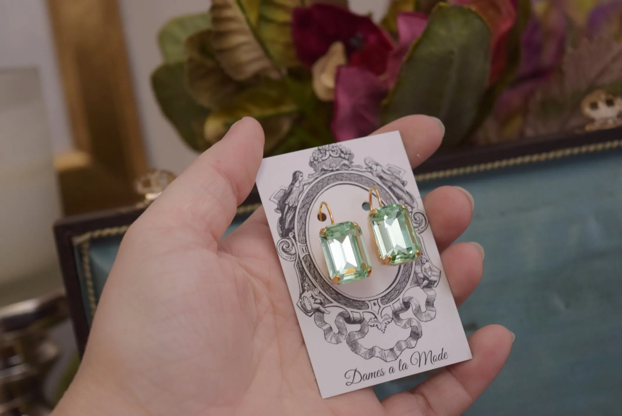 Mint Green Aurora Crystal Earrings - Large Octagon