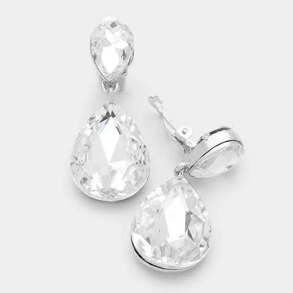 Miro Clear Crystal Teardrop Silver Clip-On Earrings