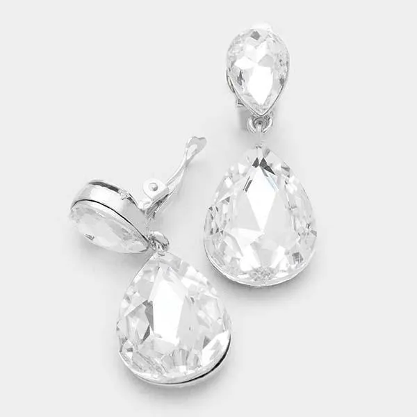 Miro Clear Crystal Teardrop Silver Clip-On Earrings