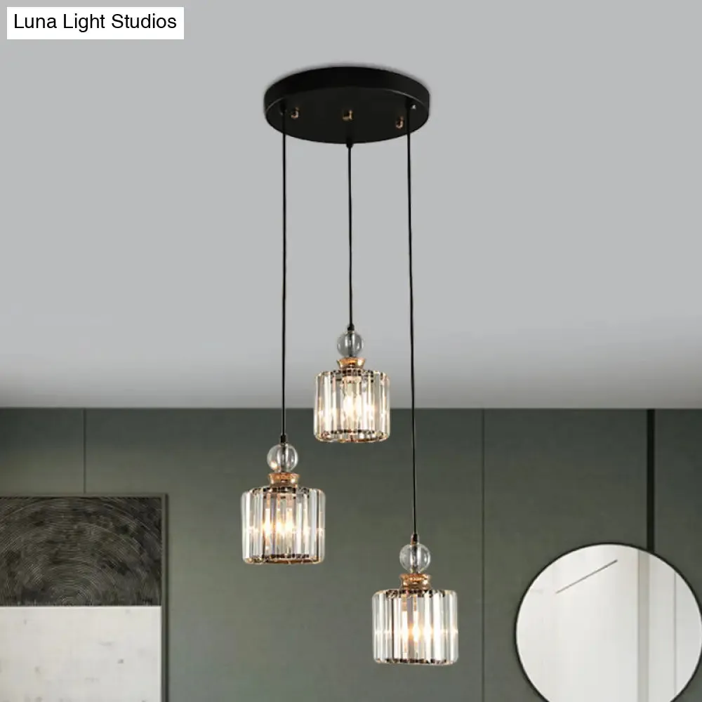 Modern Black Cylinder Pendant Lamp Kit with Crystal Prisms Shade - 1/3-Head Ceiling Pendant