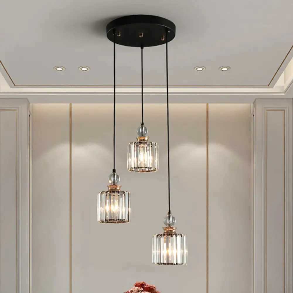 Modern Black Cylinder Pendant Lamp Kit with Crystal Prisms Shade - 1/3-Head Ceiling Pendant